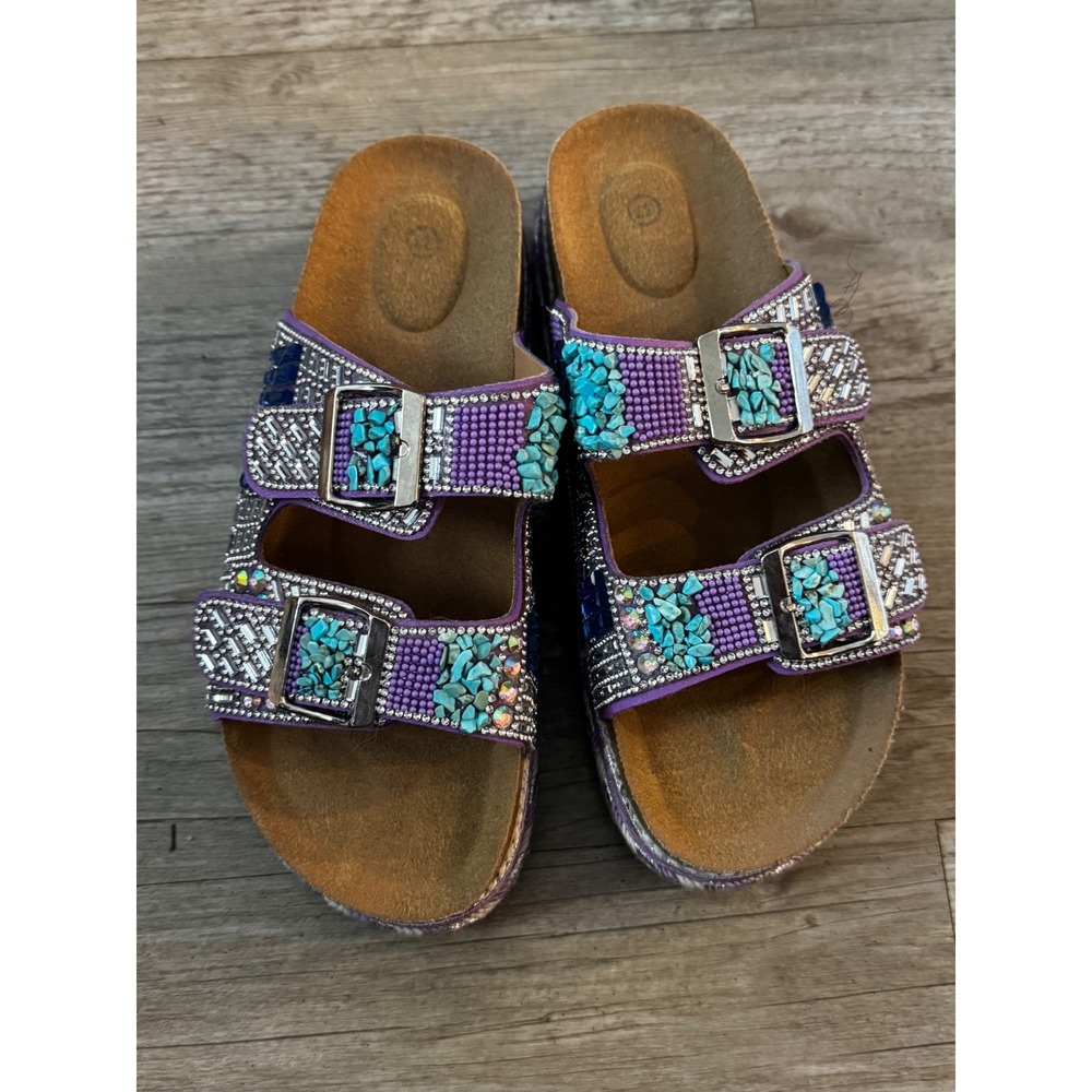 Purple Beaded Rhinestone Platform Slide Sandals Turquoise Accents Sz 42